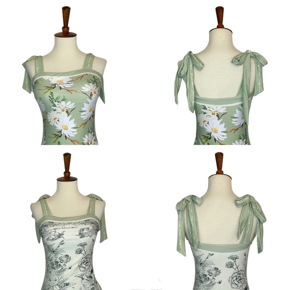 Retro Pale Green and White Floral Reversible Swimsuit with Shoulder Ties - Picture 11 of 16